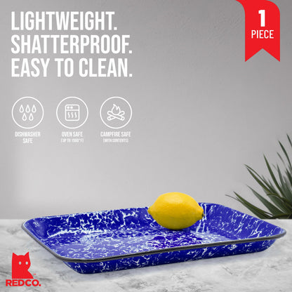 Red Co. 13.5” x 10” Enamelware Metal Classic 1.6-Quart Rectangular Serving Tray, Navy Blue Marble/Black Rim – Splatter Design