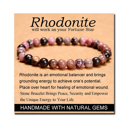MASSIVE BEADS Pink Black Rhodonite - Stone of Fortune - Handmade Yoga Stretch Elastic Bracelet Natural Stone Crystal Healing Power Energy Gifts for Unisex Adult 6mm