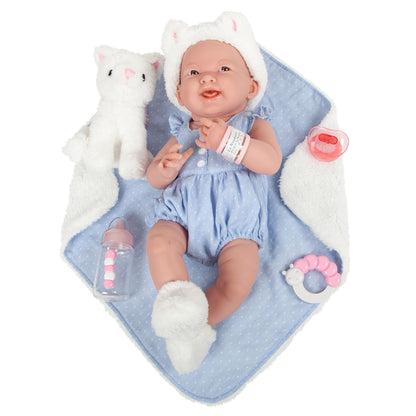 JC Toys La Newborn All-Vinyl-Anatomically Correct Real Girl 15" Baby Doll in Blue and Deluxe Accessories, Designed by Berenguer., Blue/White
