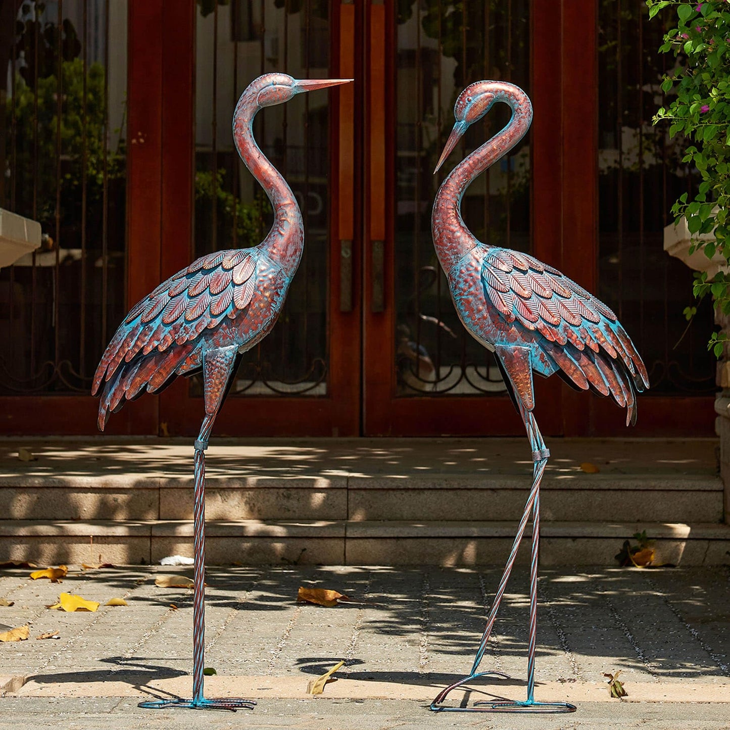 Kircust Garden Crane Statues Patina Heron Decoy, Standing Metal Crane Sculptures Bird Yard Art for Outdoor Decor, 47-48 Inch, Set of 2