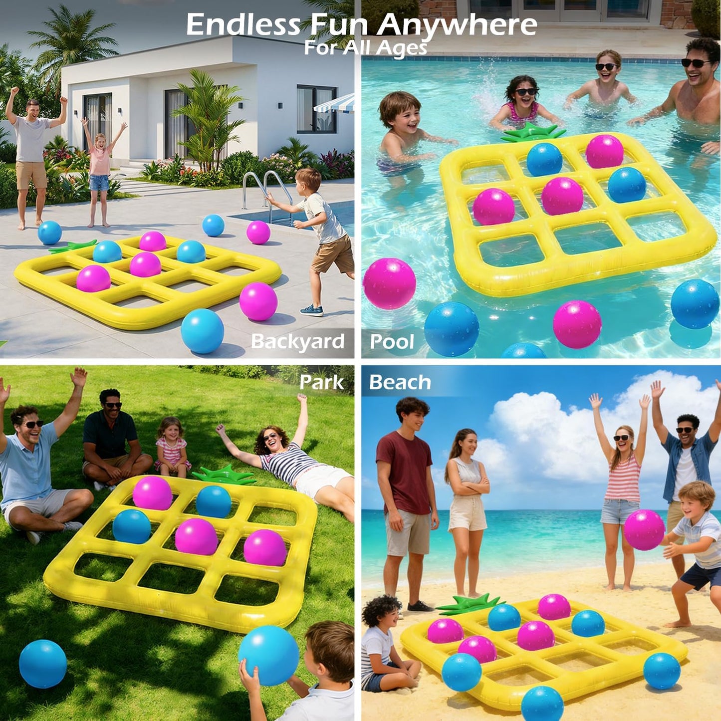 Jasonwell Tic-Tac-Toe Pool Toys Games - Giant Floating Tic Tac Toe Game Float with 10 Balls Pineapple Pool Game Party Toy Floats Yard Field Day Games Outdoor Beach Toys for Adults Teens Kids (Yellow)