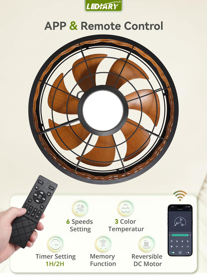 LEDIARY 20" Outdoor Ceiling Fans with Light for Patios, IP65 Waterproof Gazebo Fan, Boho Rattan Plug in Ceiling Fan Remote&APP Control, 3CCT Dimmable, 6-Speeds, Caged Fan for Gazebo,Patio,Porch