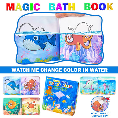 Color Changing No Hole Bath Toys for Kids Toddlers, Color Change Water Table Bathtub Toys Sea Creatures Rubber Fish for Kids & 2 Glow in The Dark Ocean Animal with Bath Book