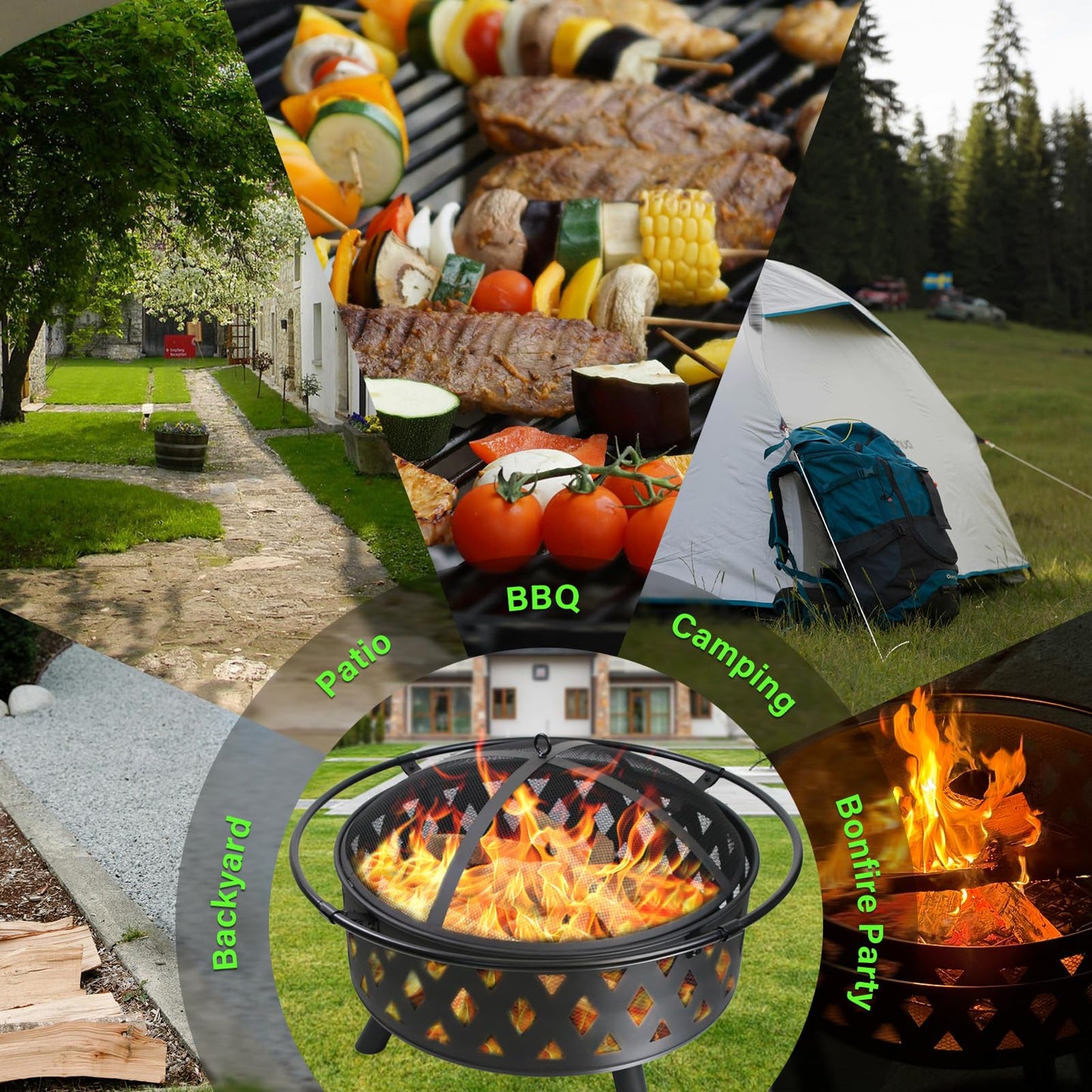 Quilushey 32 Inch Fire Pit Outdoor Burning Stove, 2 in 1 Metal Round Fireplace for Outside Bonfire Party, BBQ, Camping, Backyard, Patio, Garden w/Fire Poker, Spark Screen, Grate, Cover (Rhombic)
