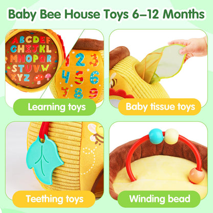 Thremhoo Baby Toys 6-12 Months - Soft Beehive with 5 Stuffed Animals, Rattle, Crinkle, Mirror, Montessori Sensory Toys for Babies 6 7 8 9 10 Months Old Baby Boy Girl Shower Gifts Ages 0-2