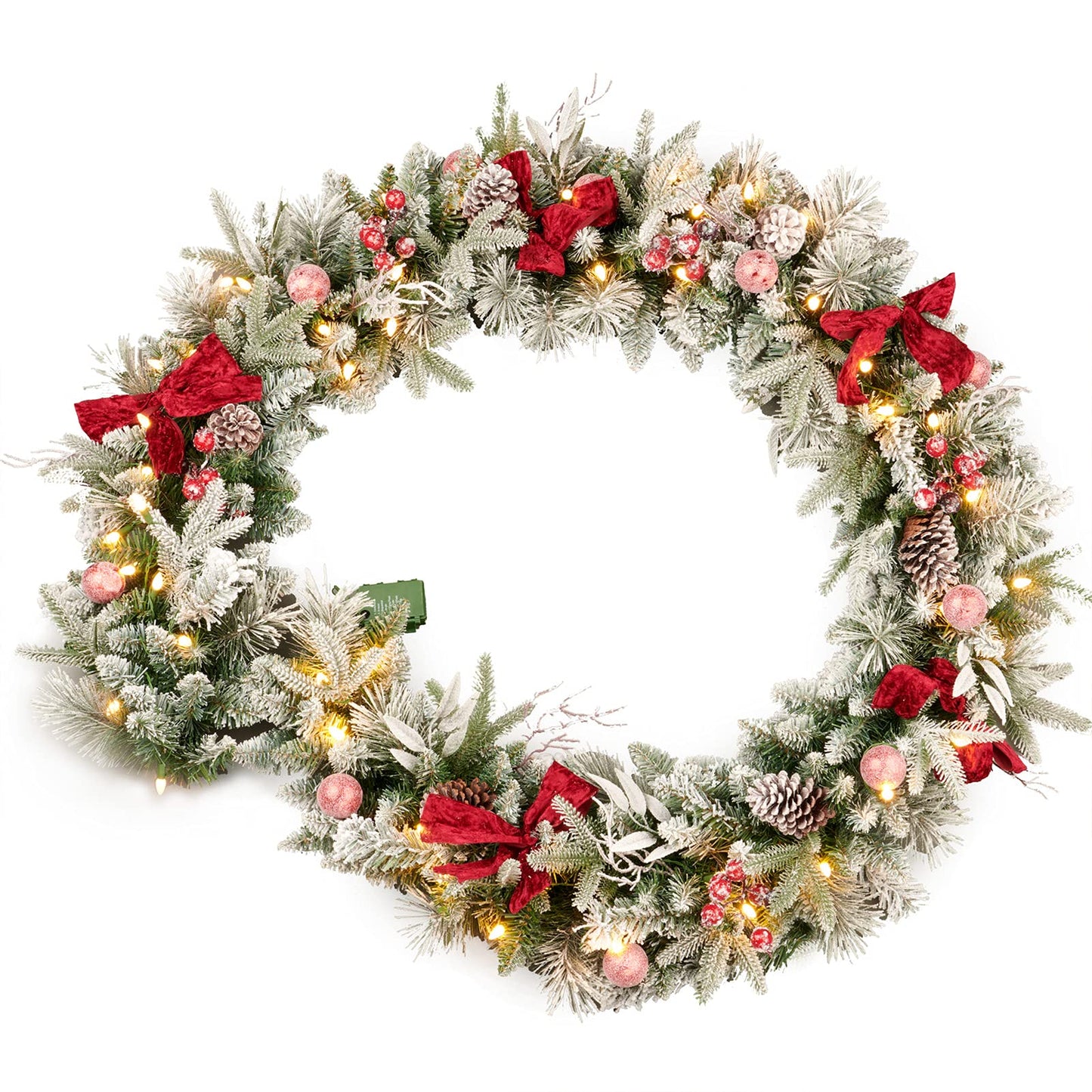AMERZEST 9ft Pre-lit Flocked Christmas Garland with Red Balls, Berries and and 50 Battery Operated Soft White LED Lights with Timer,Artificial Holiday Decoration Door Outdoor
