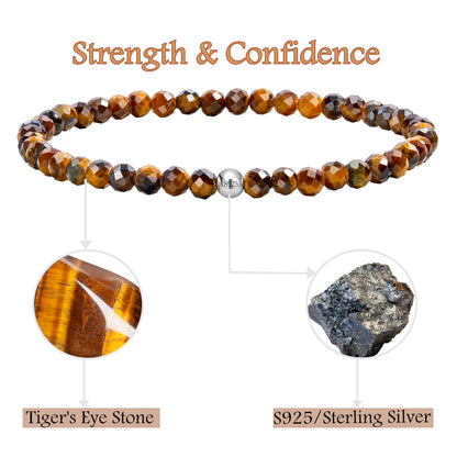 Farfume Tiger's Eye Stone - Strength & Confidence - Beaded Bracelets for Women,Handmade Natural Stone 4mm Beads 925 Sterling Silver Stretch Bracelets, Chakra Crystal Gemstone Jewelry Gifts for Mom