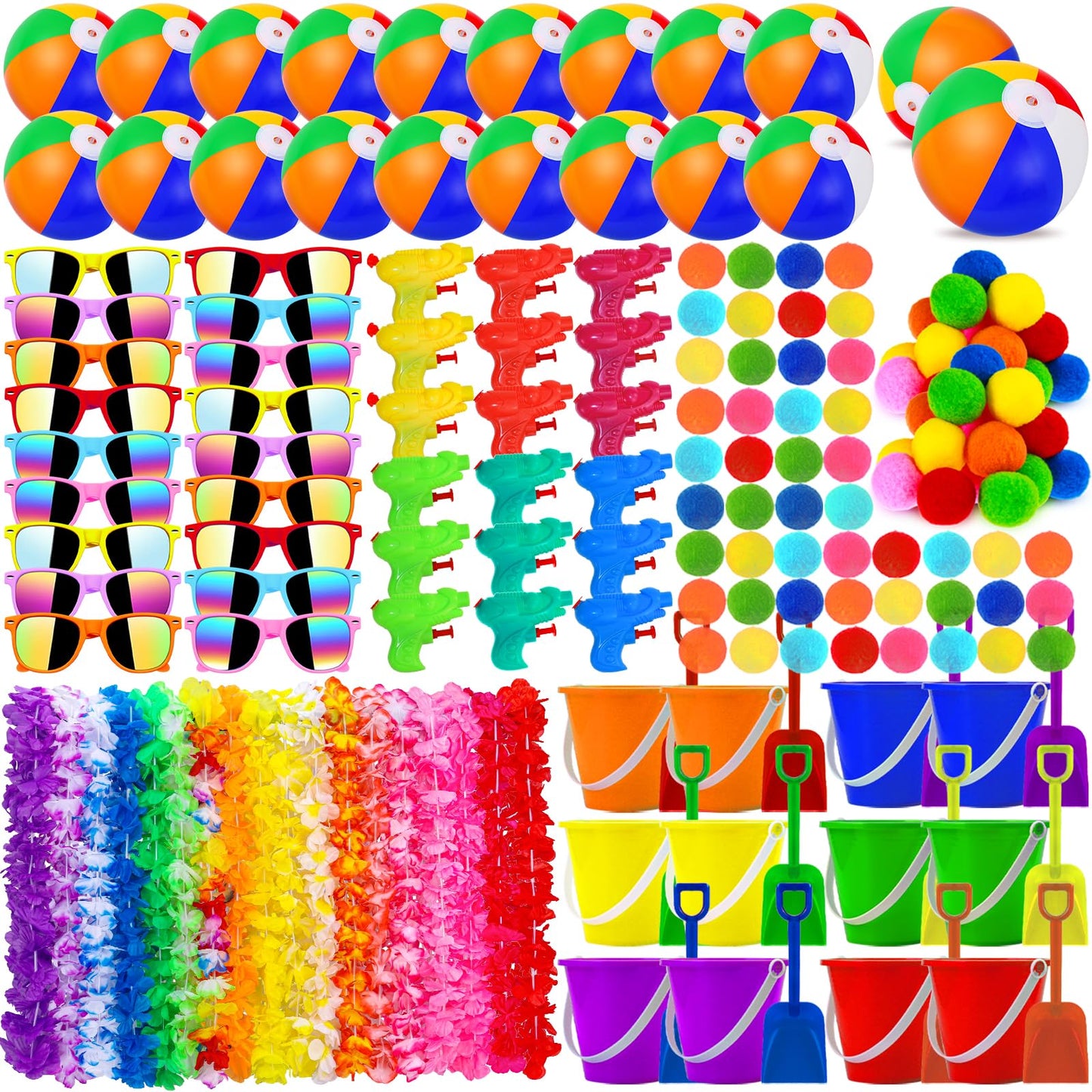 Oleitodh 126 Pcs Kids Summer Beach Party Favor Bulk-Includes 18 Inflatable Beach Balls, 36 Sand Bucket&Shovel Set, 18 Neon Sunglass, 18 Water Guns,18 Water Balls,18 Hawaiian Leis for Luau Party Decor