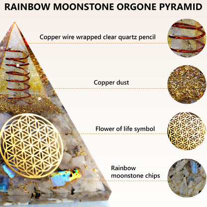 Anaya Agate Moonstone Orgone Pyramid, Rainbow Moonstone Crystal Pyramid, Orgonite Pyramid for Protection, Spiritual Crystals and Healing Stones, Meditation Pyramid for Stress Relief, Luck, Wealth
