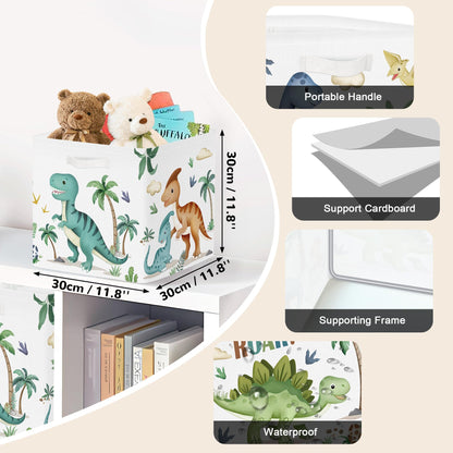 Clastyle 3 Pack 11.8'' Fabric Dinosaur Storage Basket for Shelves Collapsible Closet Organizers with Metal Frame Bottom Board Large Kid Clothes Toy Book Cube Bin for Playroom Bedroom,Boho