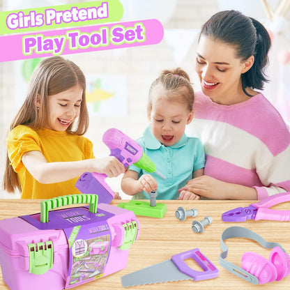 Kids Tool Set, Pink Toy Tool Set for Girls with Electric Drill, Hammer, Planer, Working Vest, with Storage Box, Construction Pretend STEM Toy Tool Kit for Toddlers Age 3 Years and Up