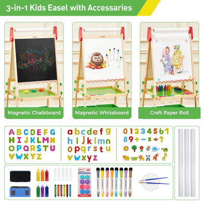 FUNLIO Anti-Warping Kids Art Easel, 3 Height Adjustable for Kids Aged 2-8, All-in-One Toddler Easel with Paper Roll & Erasable Frame, Standing Easel with Magnetic Chalkboard/Whiteboard (Green)