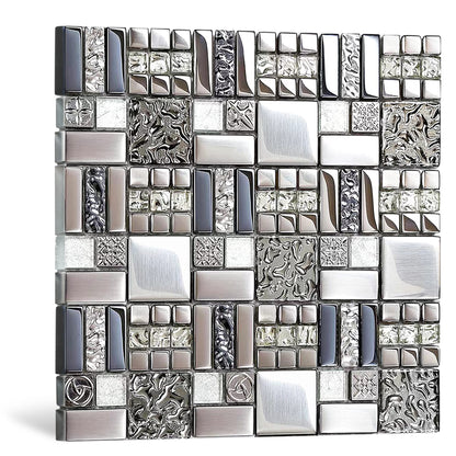 Blujellyfish Metallic Glass Mosaic Tiles Silver Gray 100% Glass Tile Water Resistant for Kitchen Backsplash Bathroom Shower Accent Wall Decor TSTGT151 (5 Square Feet)