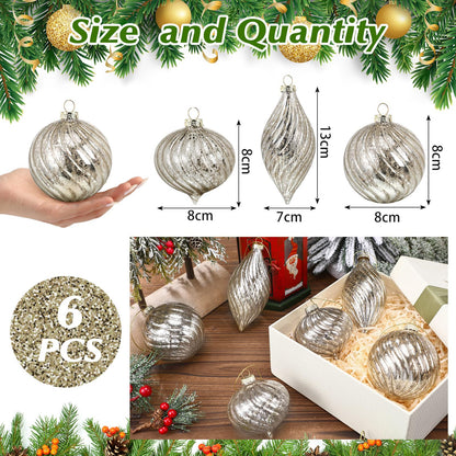 Vercraft 6 Pcs Silver Glass Christmas Ornaments, Mercury Christmas Ball Ornaments Hanging Hand Blown Glass Balls for Xmas Tree Home Wedding Birthday Holiday Party Decor, 2.36 Inch