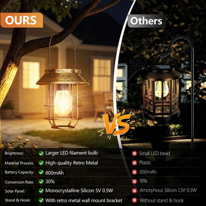 AOUNQ Solar Lanterns Outdoor Waterproof 4 Pack, Upgraded Brighter Hanging Solar Lights for Outside with Wall Hook - Retro Bronze Metal Solar-Powered Hanging Lantern Auto On/Off for Porch Patio Garden