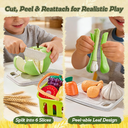 LAUGIGLE 86Pc Wheat Straw Play Food for Kids Kitchen-Toy Food with 2 Baskets & Picnic Blanket, Realistic Cutting Pizza, Grocery Cans, Pretend Play Kitchen Accessories & Toddler Toys for Boys Girls 3+