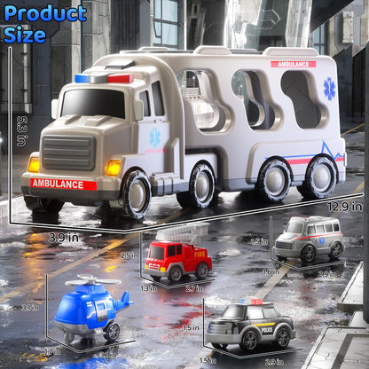 KIZONLY Ambulance Truck Toys Set for Kids Toddlers 1-3 3-5 Years Old, Carrier Truck Playset with Toy Cars, Light and Sound, City Learning Toys for Toddlers, Birthday Gifts for Boys Girls Aged 2-4 4-8
