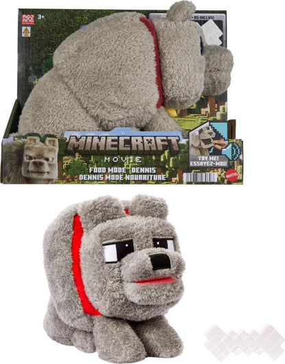 Mattel Minecraft Dennis The Wolf Plush Toy with Feeding Action & Sound, Food Mode Stuffed Animal Inspired by a Minecraft Movie (Amazon Exclusive)
