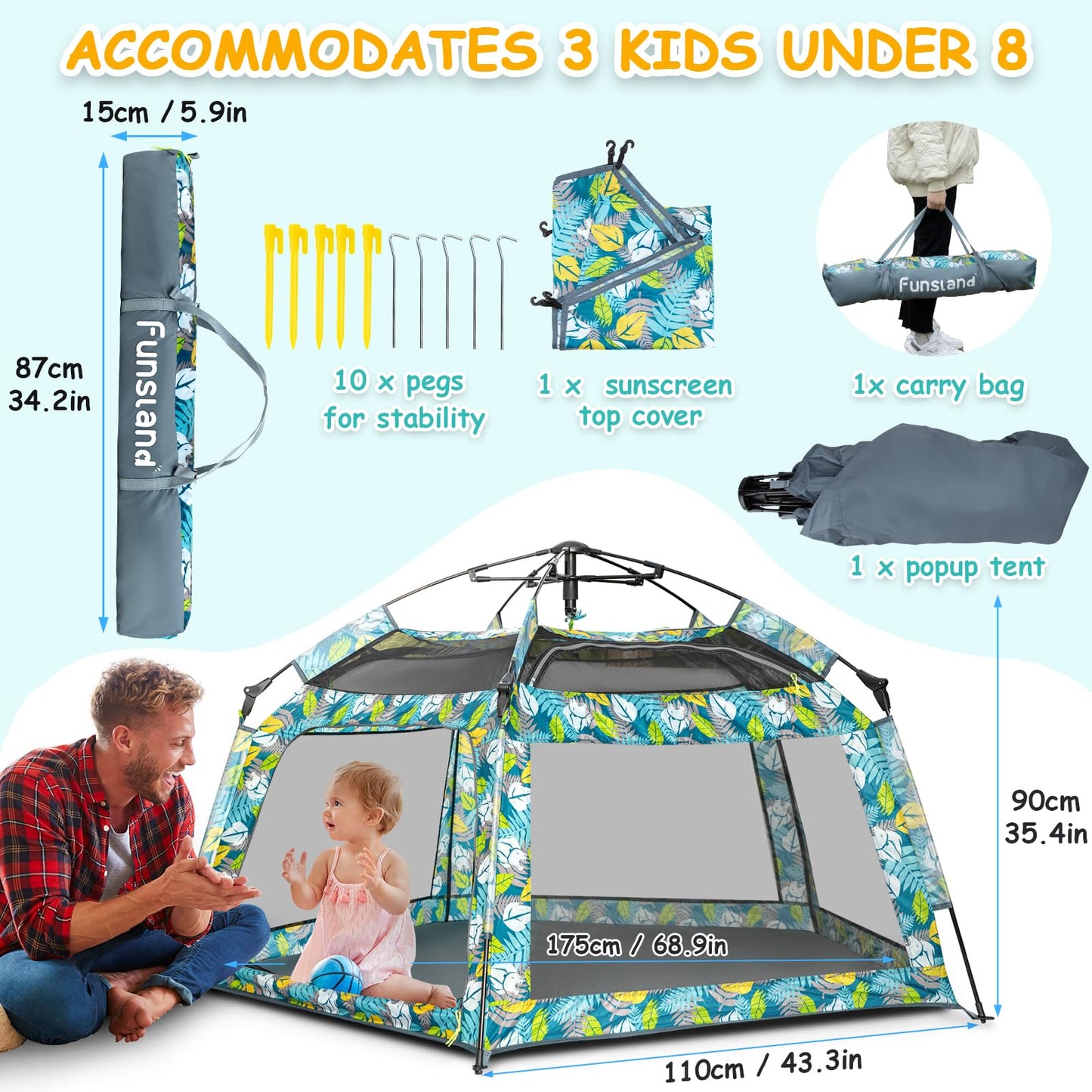 Funsland Baby Playpen Pop-up Tent - Outdoor & Indoor Play Tent for Beach with Canopy Travel Bag Portable Play Yard for Babies & Toddlers (Forest)