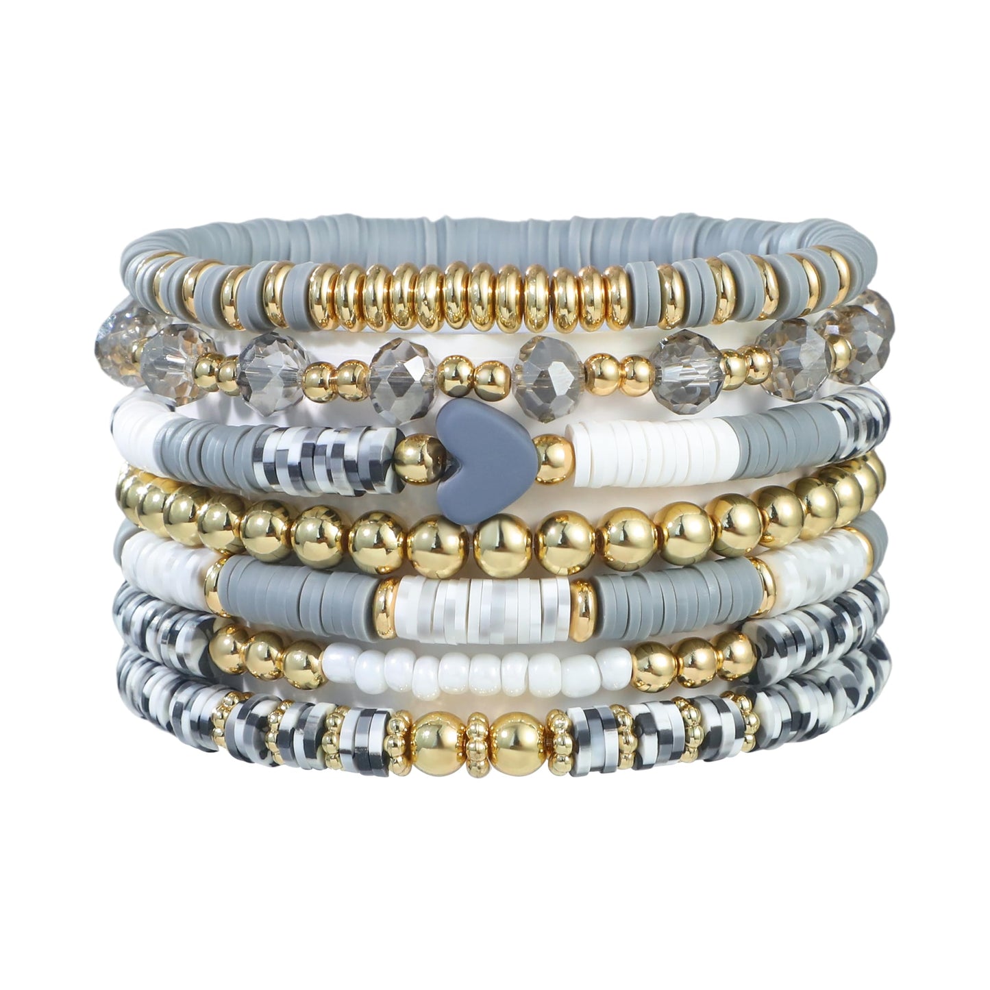 RISHEGAE Heishi Beaded Stretch Bracelets for Women Stackable Gold Polymer Clay Beads Bracelets Friendship Boho Summer Beach Bracelet Jewelry Set (F-H grey)
