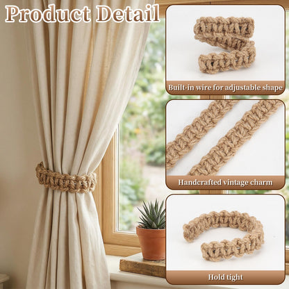 4 Pcs Braided Curtain Tiebacks Boho Flexible Rope Drapes Holder Braided Jute Curtain Tiebacks for Home Office Bedroom Window
