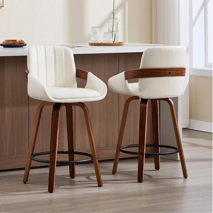 VipDesk Bar Stools Set of 2, 26" Counter Height Swivel Stools with Back, Walnut Wood Frame, PU Leather, Built-in Footrest, Modern Kitchen Island Chairs – Easy Assembly & Sturdy Design - Cream White