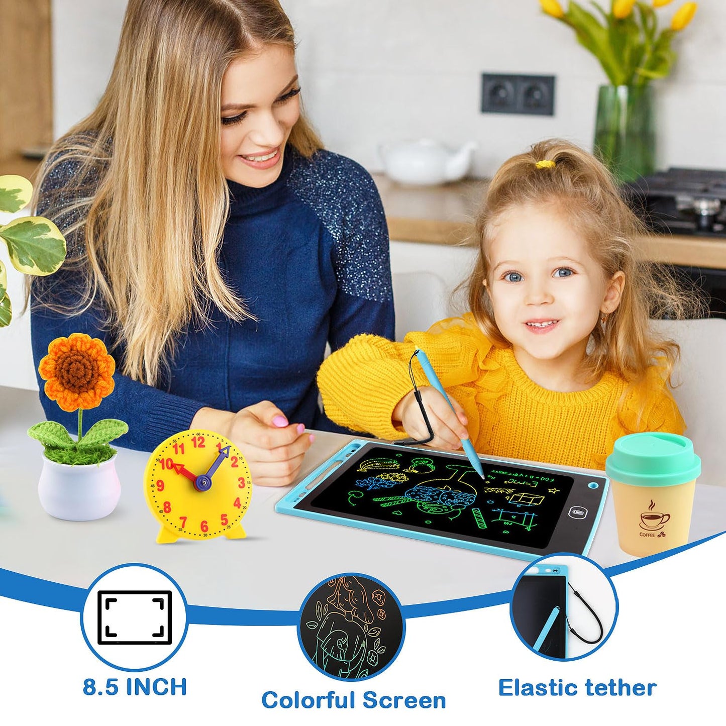 Pretend Play Home Office Set for Kids, Features Toy Laptop Computer, LCD Writing Tablet, Toy Phone, Headset, Sunflower & Coffee Cup, Toys Gifts for Boys Girls Age 3-5-7