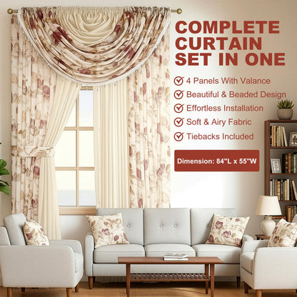 YHSF Sheer Curtains Laura Collection - 4 Panel Set, 84 Inches Long - Elegant Curtains for Bedroom & More - Valances with Beads & 2 tiebacks - 55” x 84" - Multicolor, Floral Rose Solid Beige