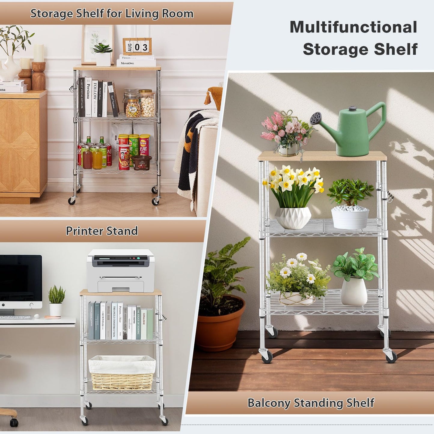 BolDuck 450Lbs Capacity Microwave Cart with Wheels, 3 Tier Rolling Cart with Adjustable Shelves, Multifunctional Metal Utility Storage Kitchen Carts on Wheels, 23.6" L*15.7" W*37" H, Wood+Chrome