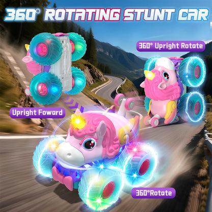 Lehoo Castle Remote Control Car for Girls 360° Rotating, Unicorn Monster Truck with Light & Music, 4WD All Terrain RC Stunt Car Rechargeable, 2.4GHz RC Truck for 3 4 5 6 7 8 Girls Birthday Gift