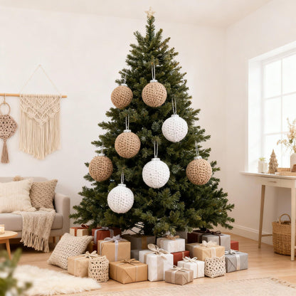 Vercraft 6 Pcs 2.75 Inch Crochet Christmas Ornaments Balls Christmas Knitted Ornaments Neutral Hanging Decoration Handmade Crochet Decoration for Xmas Tree Rustic Neutral Xmas Decor(Beige)