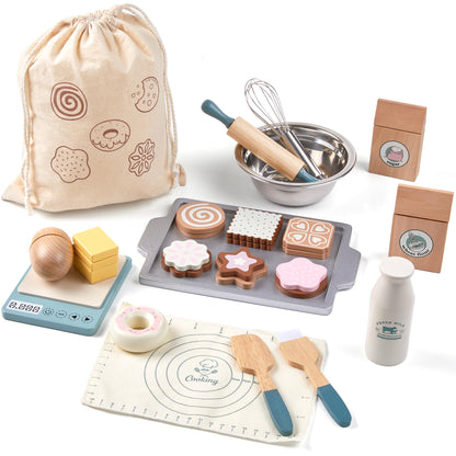 Wooden Play Food Sets for Kids, Pretend Play Kitchen Accessories with Shopping Bag, Cutting Toys, Gift for Boys and Girls Ages 3-6