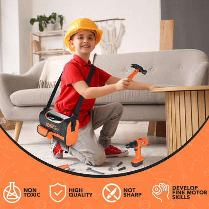 ArtCreativity Power Drill Tool Set for Kids - Pretend Playset with 2-in-1 Toy Drill with Lights, Sounds, Motion - Includes Toy Hammer, Pliers, Bolts, Screwdriver and More - Sturdy Bag for Storage