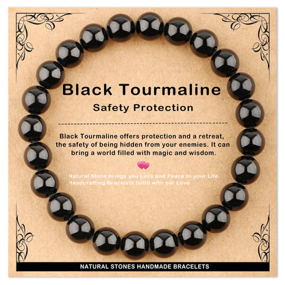 AD Beads 8mm Handmade Black Tourmaline Elastic Bracelet – Natural Gemstone for Safety Protection – Meditation, Yoga, Healing and Energy Gift for Men Women