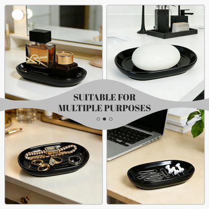Cbrytacs Ceramic Soap Dish,with Raised Center to Keep Soap Dry - A Quick-Drying Soap Tray for Bathroom, Shower & Kitchen Sink, Decorative Organizer for Jewelry, Sponges, Keys (Black)