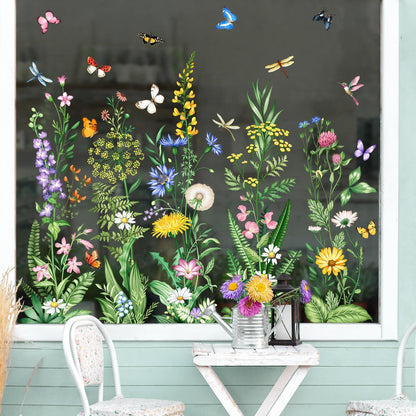 Tanlaby Wild Flower Window Clings Spring Floral Grass Wildflower Window Stickers with Butterfly Green Plant Static Window Decals for Home Glass Doors Decor