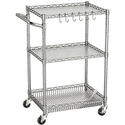 3 Tier Rolling Utility Metal Carts with Wheels NSF Heavy Duty Storage Cart 750Lbs Capacity Adjustable Kitchen Cart with Handle & Shelf Liner Commercial Service Trolley for Indoor & Outdoor Use