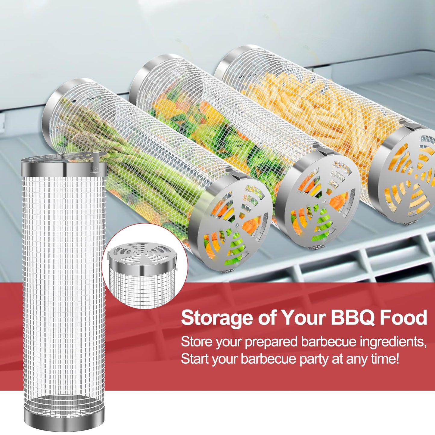 Grill Basket 2 PCS, Rolling Grill Baskets for Outdoor Grill, Grilling Accessories, Stainless Steel BBQ Net Tube Baskets with Oil Sprayer for Veggies, Shrimp, Grilling Gifts for Men