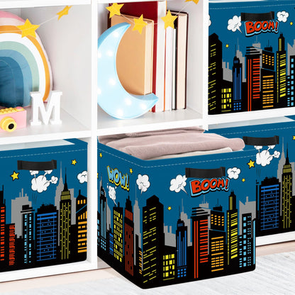 Clastyle Cityscape Hero Kid Storage Cube Organizer Set Skyline Building Silhouette Closet Clothes Cube Storage Bin Nursery Toddler Toy Box Chest Girl Boy Book Shelf Basket,Comic,11.8x11.8x11.8 in