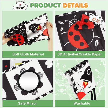 BBWOO High Contrast Baby Toys for Newborn, Tummy Time Mirror, Black and White Baby Toy for 0-6 Months, Soft Montessori Visual Stimulation Infant Book, Boy Girl Shower Gift