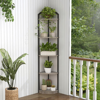 Fun Memories 5 Tier Corner Shelf, 70” Corner Shelf Stand, Corner Bookshelf Plant Stand, Storage Shelf for Bathroom, Living Room, Kitchen,Grey Home Office, Grey