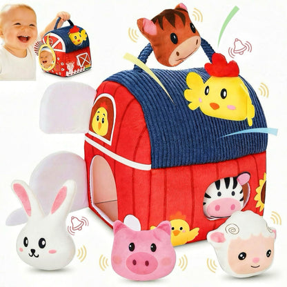 Baby Soft Toys 6-12 Months - Surprise Barn Stuffed Farm Animals House for Toddlers 1-3, Montessori Sensory Plush Toys for Infants, Rattle, Crinkle, Baby Learning Plush Toys for Babies Tummy Time