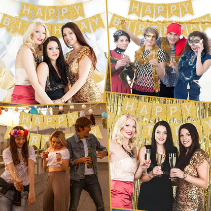 Gold Happy Birthday Banner - 16 ft Pre-Strung Gold Birthday Party Decorations Sign for Girls, Boys, Kids, Women - No DIY Hanging Backdrop for Indoor & Outdoor Celebrations