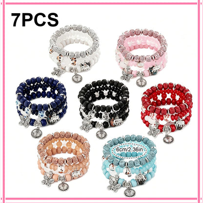 JununGao 7 Pack Bohemian Boho Bracelets for Women Set,Stackable Bracelets, Stretch Multilayer Colorful Beaded Charm Bracelets, Handmade Jewelry.