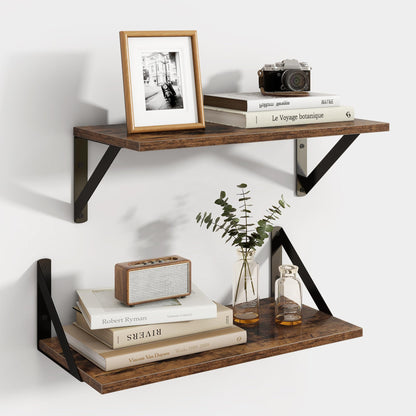 Axeman Floating Shelves for Wall, 8 Inch Deep Brown Wall Shelves Set of 2, 16''W x 8''D Rustic Brown Wood Shelves for Bookshelf Living Room Bedroom Home Office Bathroom