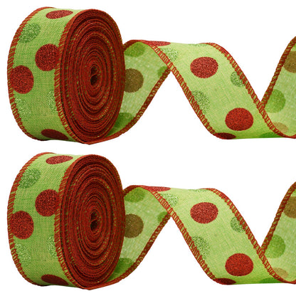 Christmas Wired Ribbon 22 Yards 1.5 Inch Christmas Red Green Dots Ribbon 2 Rolls Glitter Polka Dots Burlap Ribbon for Christmas Decoration, DIY Crafts (Green)
