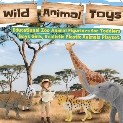 Beetots Safari Animal Figurines Set for Kids, 10 Piece Realistic Wild Zoo Animals Collection with Elephant, Lion, Tiger, Giraffe, Educational Toys for Toddlers Boys Girls