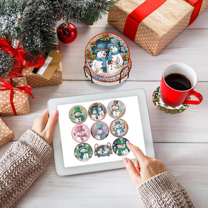 Apcufir 8 Pcs Christmas Diamond Painting Coasters Kits with Holder,DIY Snowman Diamond Art Coaster Kits for Adults & Kids,Paint with Diamonds Coasters Craft Supplies for Holiday Decor Gifts