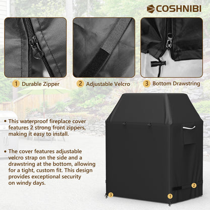 COSHNIBI Outdoor Fireplace Cover,Heavy Duty Waterproof Square Chimineas Fireplace Covers,Cover for Panovue Chiminea Fire Pits,32”L x 24”W x 45”H,Black