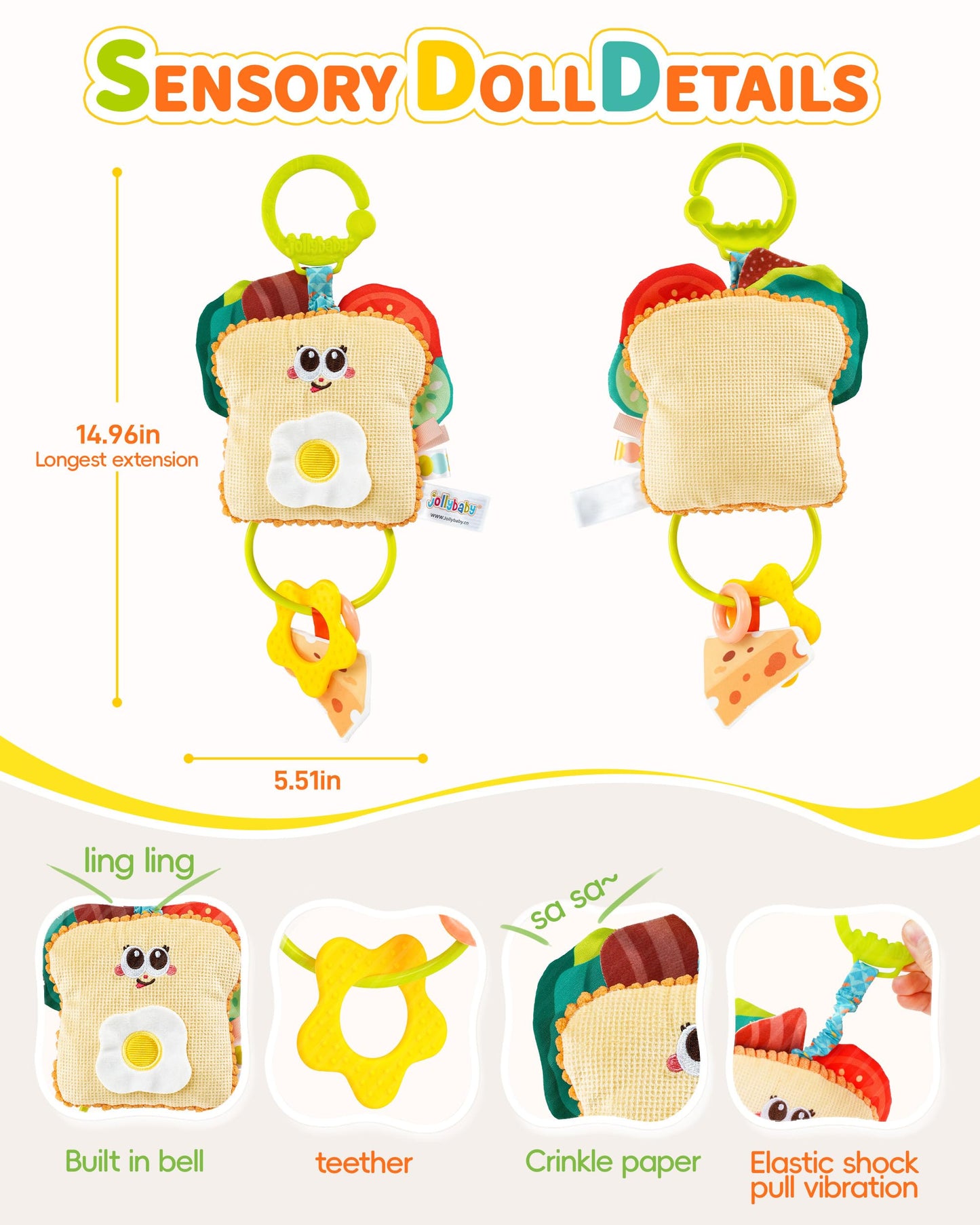 Jollybaby Baby Pull Vibration Toy - Tummy Time Sensory Hanging Toys for Car Seat, Stroller, Crib & Play Gym, with Babies Rattles & Teether, Airplane Travel Toys for Toddlers Gift- Toast